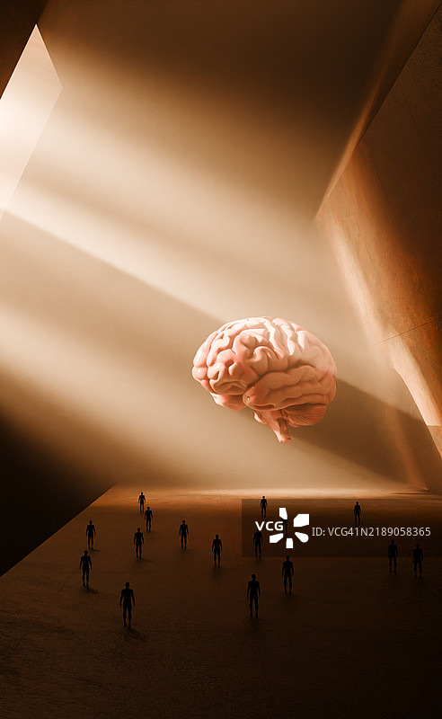 在古老的寺庙中，轮廓分明的人物接近悬浮的脑部符号图片素材
