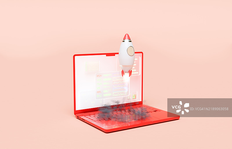 从红色笔记本电脑发射的火箭与财务增长图表图片素材