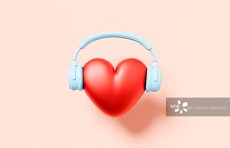 旋律心 - 漂浮的红心与浅蓝色耳机，背景为桃色图片素材