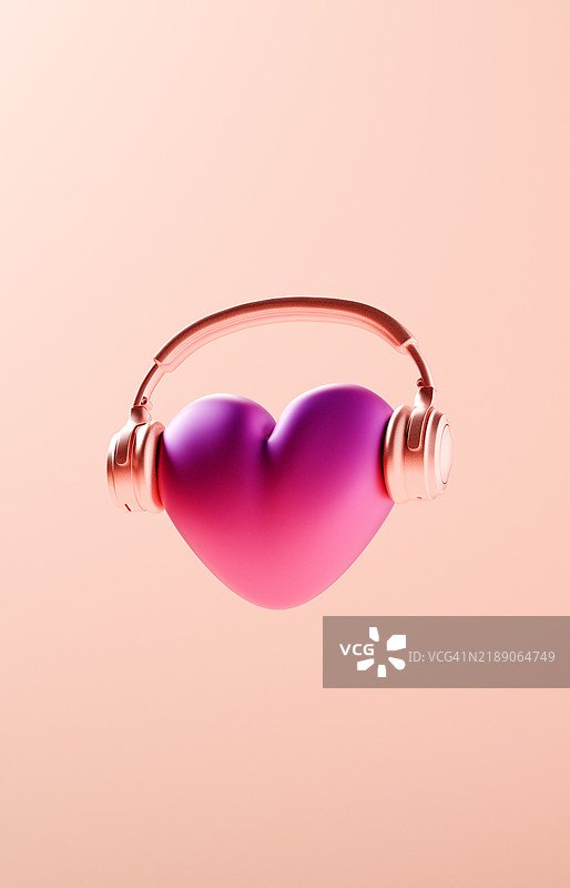 充满活力的连接 - 漂浮的紫色心形与铜色耳机在桃色背景上图片素材