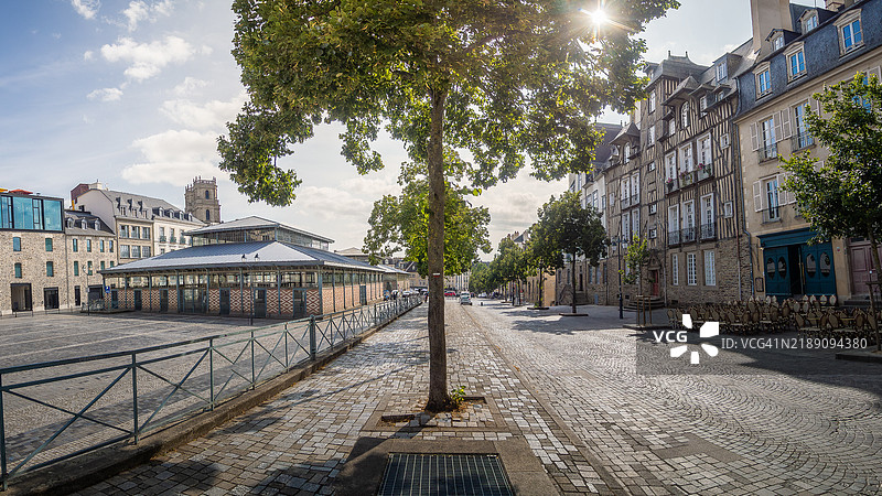 日间的雷恩历史区石板广场(Place des Lices)全景,周围是半木结构建筑和其覆盖的市场大厅(Halles Martenot),位于伊勒-维莱讷省 - 布列塔尼 - 法国西部。图片素材