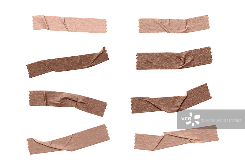 八个棕色调的胶带片组合。展示2025年潘通年度色 - 摩卡慕斯。图片素材