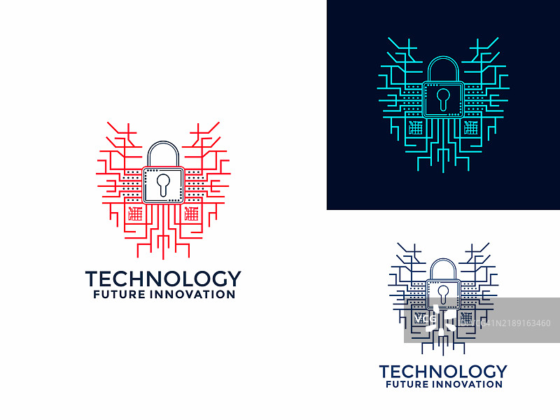 电路爱心形状保护与挂锁符号的标志设计矢量图。网络安全标志图标符号矢量模板图片素材