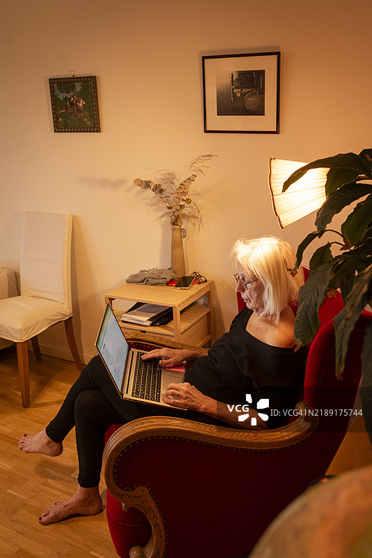 客厅里使用笔记本电脑的女性图片素材