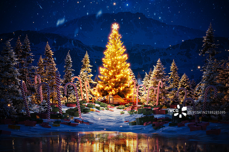 神奇的圣诞树被糖果杖环绕，位于雪-covered森林中图片素材