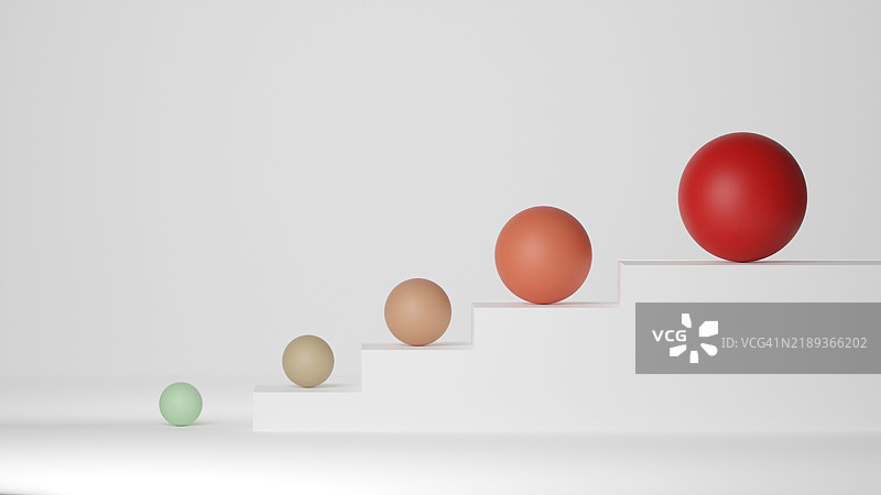 逐渐增大的球体在象征成功的白色台阶上攀爬图片素材