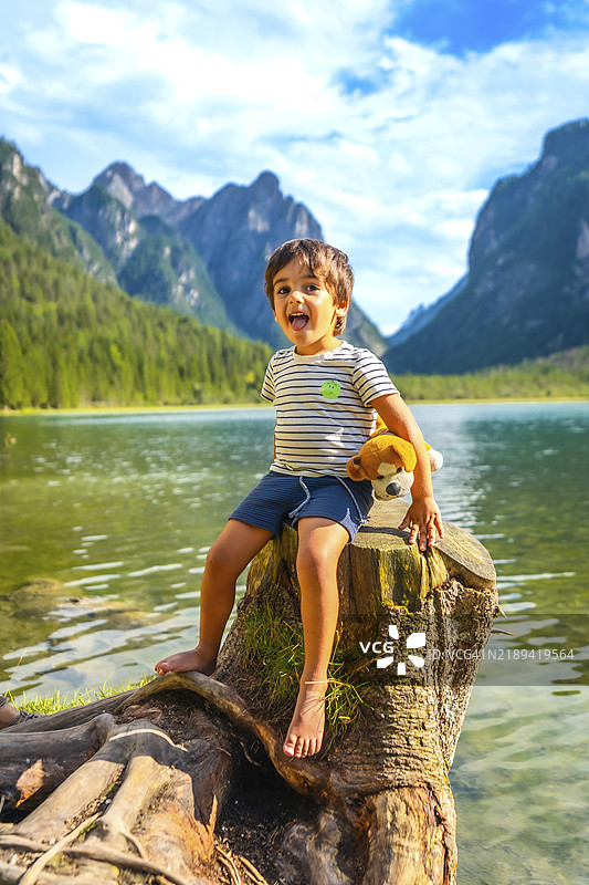 无忧无虑的孩子坐在多比亚科湖边的树桩上,吐着舌头,手里抱着毛绒玩具,享受意大利多洛米蒂的夏季假期。图片素材