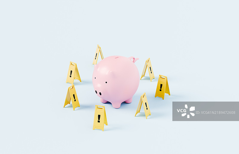 折叠式黄色地面标志，上面有感叹号，围绕着一个粉红色的储蓄罐图片素材