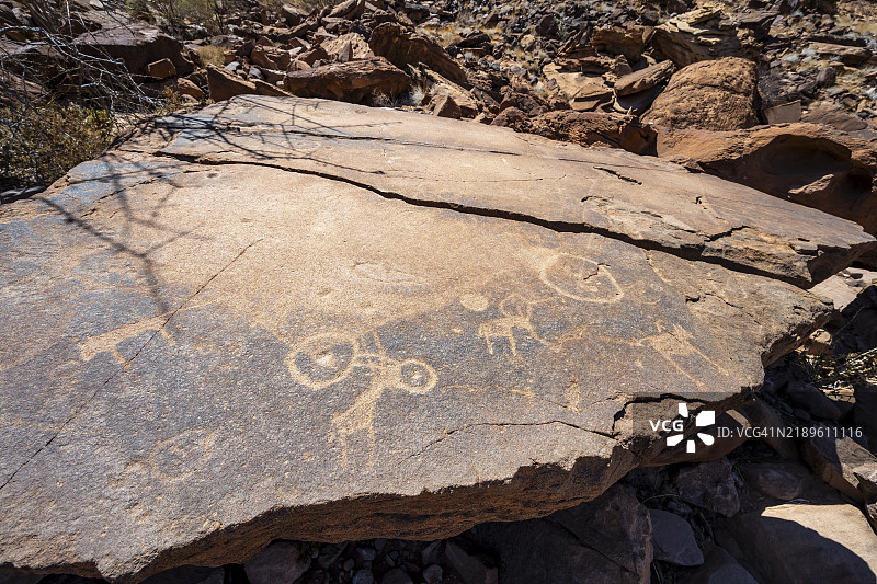 岩石板上的动物和抽象形态的描绘，岩刻，岩石雕刻，特维尔丰廷，库内内，纳米比亚，非洲图片素材