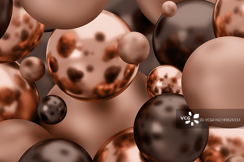 光滑的米色、棕色3D圆圈、球体、气泡、滴水。2025年潘通色彩年度色摩卡慕斯。抽象背景，球体图案，时尚色彩组合，设计元素。图片素材