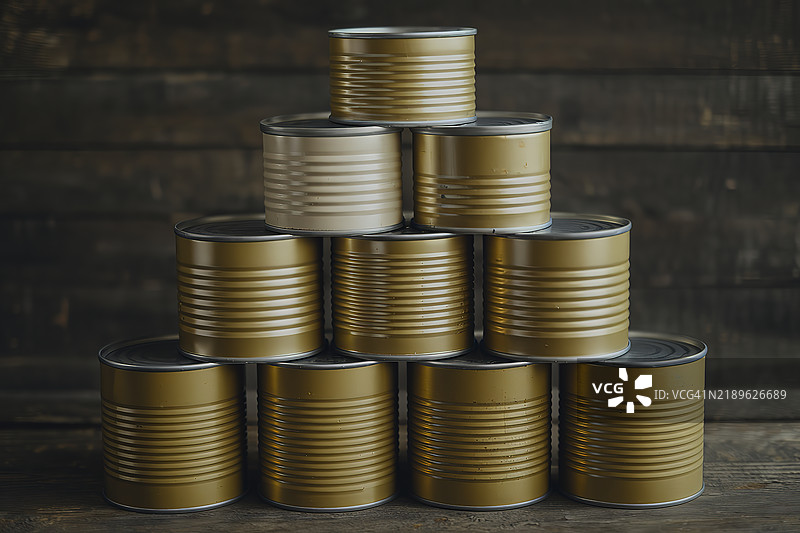 一组堆叠的空罐头照片，背景为深色木材。图片素材