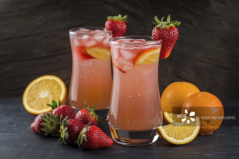 新鲜草莓和橙子鸡尾酒与水果的照片图片素材
