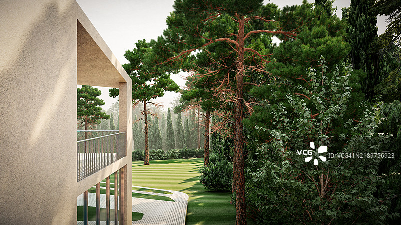 豪华别墅的3D渲染，配有草坪和树木图片素材