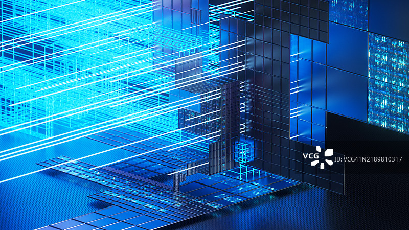 未来派服务器房间，蓝色灯光闪烁，数据流动。图片素材