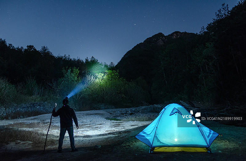 夜间在森林露营图片素材