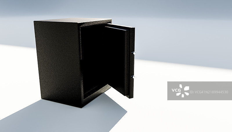 在白色背景和浅蓝色墙壁前打开的空保险箱图片素材