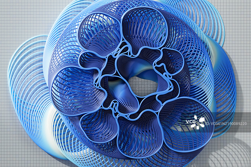 复杂的蓝色和浅蓝色图案在网格背景上形成一个圆形图片素材