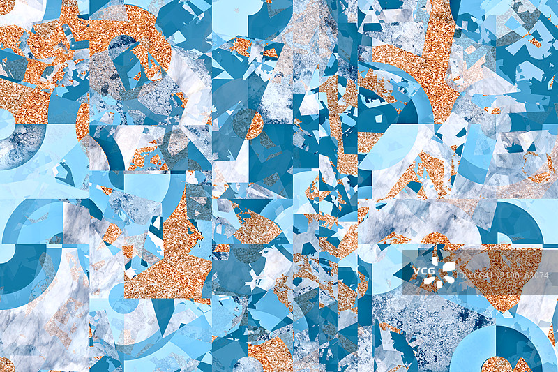 抽象几何拼贴，包含碎片化形状、蓝色调和有纹理的铜色点缀。现代数字艺术作品，具有分层构图。图片素材