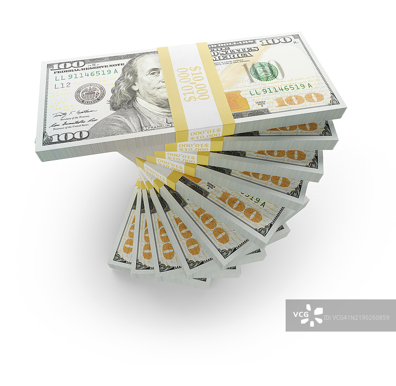 十万美元的百元钞票旋转堆叠，背景为白色。图片素材