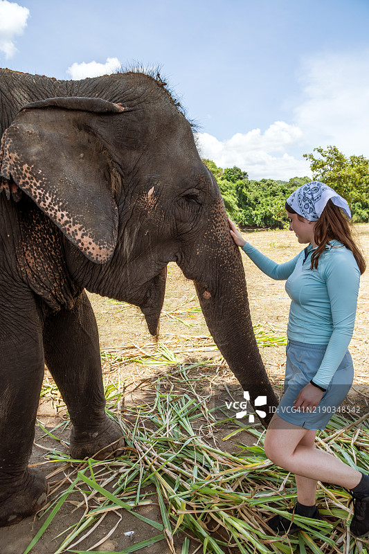 年轻女性与大象在泰国的保护区内图片素材