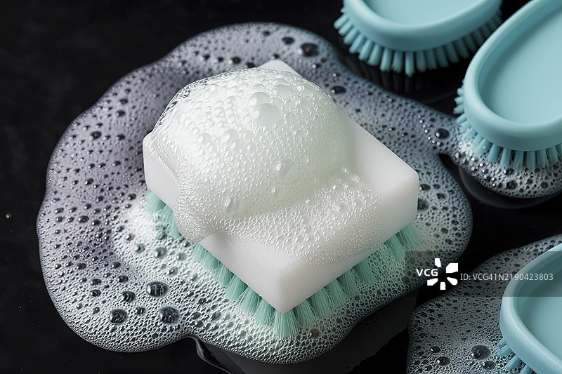 黑色背景上的干净海绵，表面有泡沫图片素材