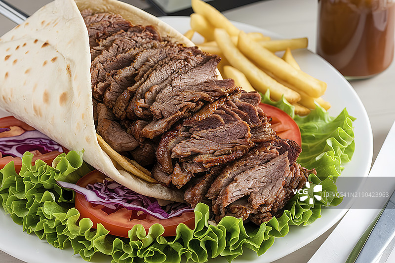一盘丰盛的肉夹馍，配有大量撕碎的牛肉。图片素材