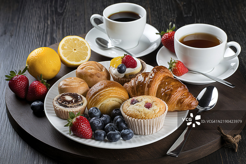 早餐摆盘，配有咖啡和茶，各种糕点和水果图片素材