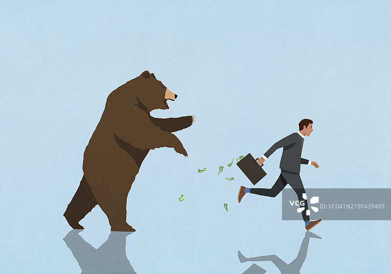 熊在蓝色背景下追逐拿着钱公文包的商人投资者图片素材