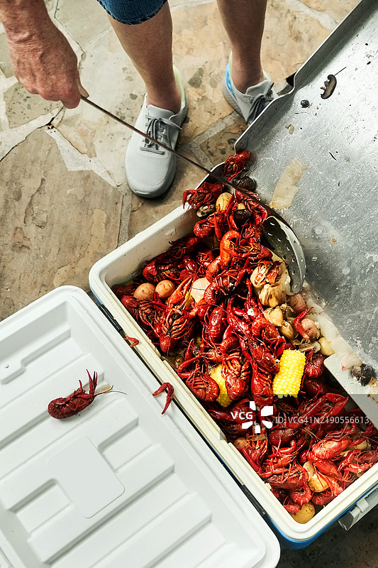 老年男性正在将煮熟的小龙虾、玉米和土豆装入一个大型冷却箱中，为盛宴做准备图片素材