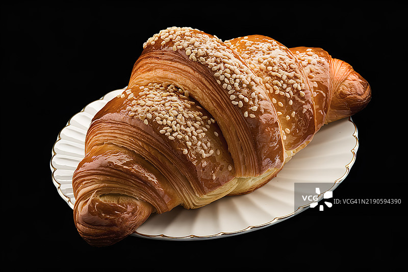 一张新鲜出炉的法式可颂面包放在盘子上的高质量照片图片素材
