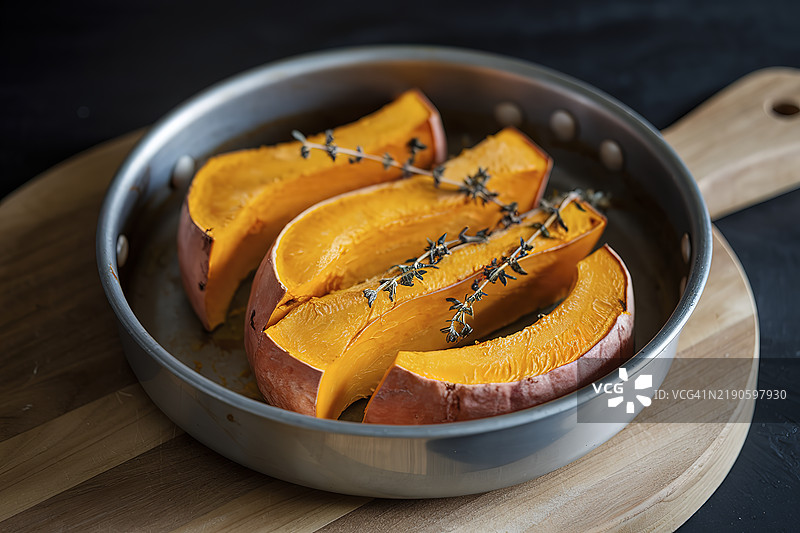 烤制的切片南瓜与百里香在平底锅中图片素材