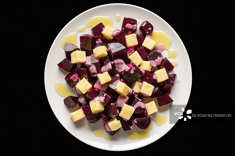 一盘切碎的甜菜根和切丁奶酪沙拉，淋上黄油酱。图片素材