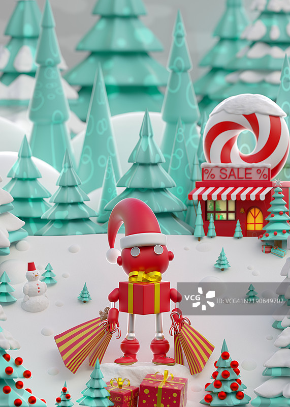 快乐的机器人在雪-covered森林中享受圣诞购物，送递礼物和袋子。图片素材