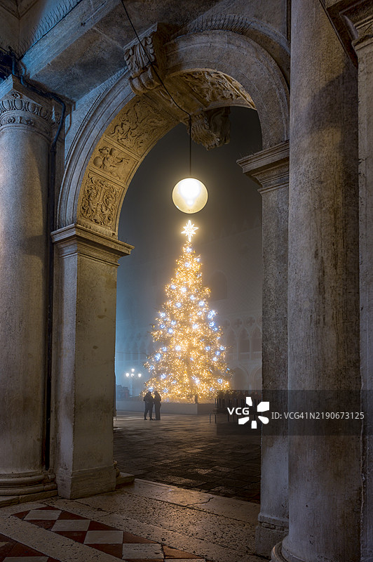 威尼斯圣马可广场的夜间圣诞树图片素材