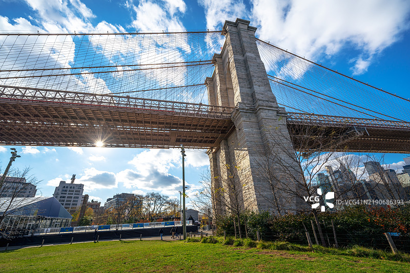布鲁克林大桥塔的美丽景观，蓝天和阳光照耀图片素材