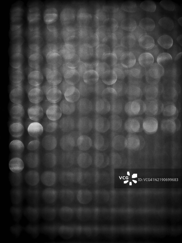 黑色背景上的散焦光（散景效果）。夜晚在法国巴黎拍摄的灯串特写。黑白。图片素材