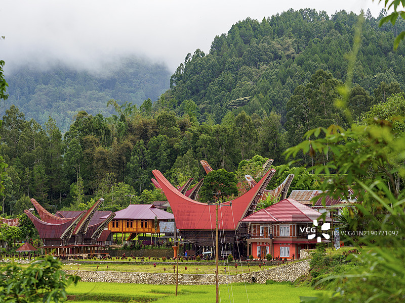 传统托拉贾房屋，热带山地风景，托拉贾地区，苏拉威西，印度尼西亚，亚洲图片素材