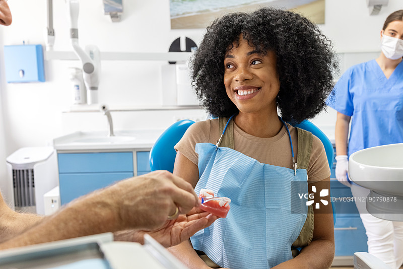 快乐的患者在现代诊所接受全面的牙科护理图片素材