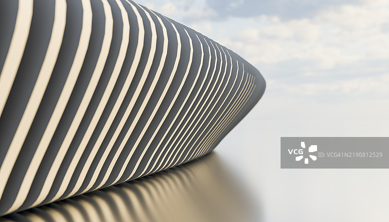 现代建筑外立面的特写，背景是多云的天空，呈现出有节奏的弯曲条纹图案。图片素材