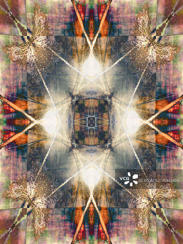 裸树和被云遮挡的阳光映照在牛津郡拉德利村的泰晤士河上，抽象视觉化图片素材