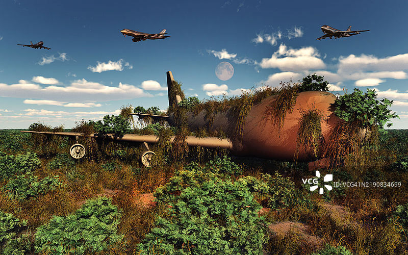 杂草丛生的巨型喷气式飞机图片素材
