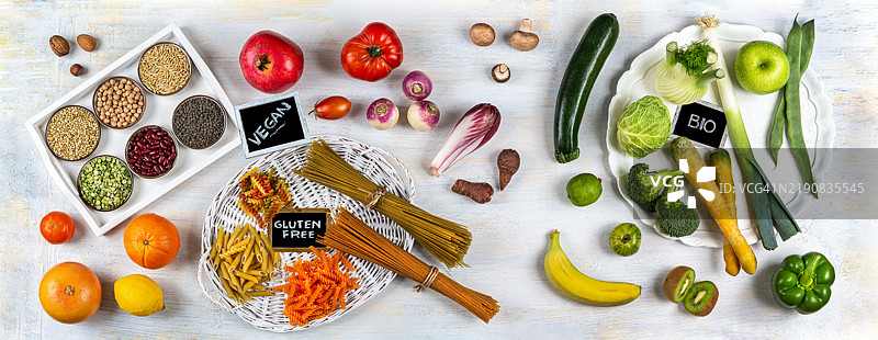 素食饮食，水果，蔬菜，意大利面，谷物和种子图片素材
