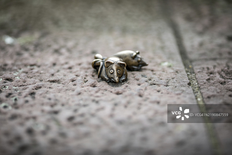 两只小铜鼠躺在粗糙的纹理地面上,海德堡的桥鼠:这两只小鼠的形象让人想起曾经在桥门旁边矗立的选举粮仓。图片素材