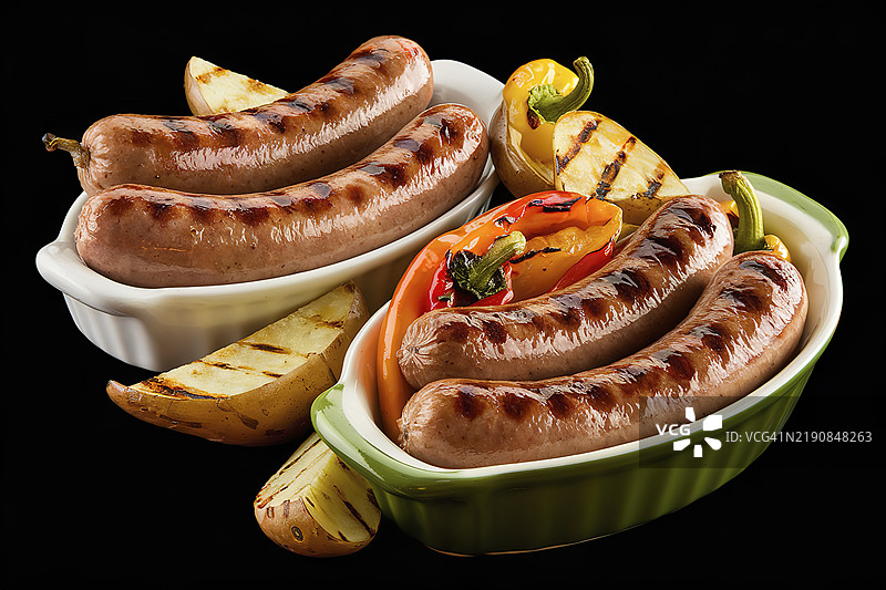 一盘烤香肠和土豆角，配有切片的彩椒图片素材