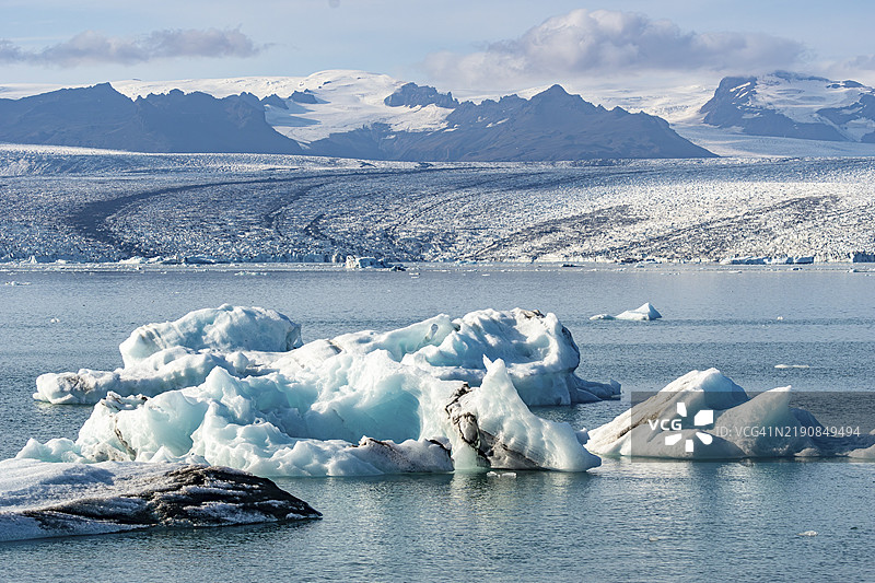 冰岛南部的冰川湖Jökulsárlón与冰山和Breiðamerkurjökull图片素材
