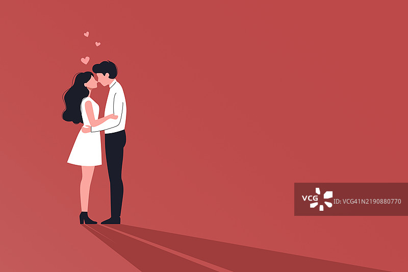 一幅迷人的插图，描绘了一对恩爱情侣在情人节享受浪漫约会，周围环绕着生动的心形图案。这幅插图捕捉了他们关系的温暖和亲密，非常适合传达爱情主题。图片素材