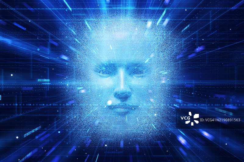 科技隧道中浮现的人工智能面孔图片素材