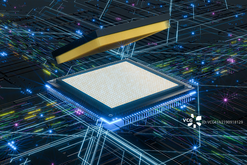 半导体芯片的概念图，3D渲染图片素材