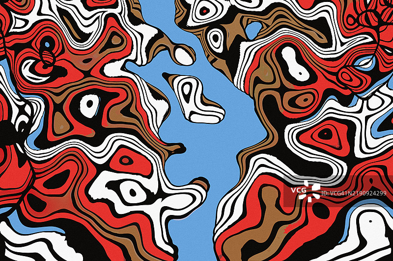 抽象流动的红色、黑色和蓝色图案艺术作品。动态抽象艺术作品，展现红色、黑色、白色、棕色和蓝色调的流动形状。图片素材