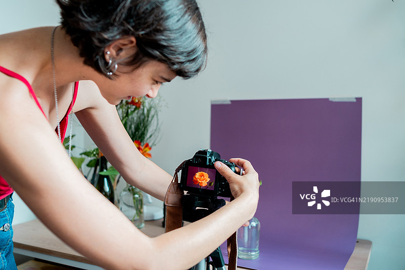 摄影师在家中拍摄盆栽植物图片素材